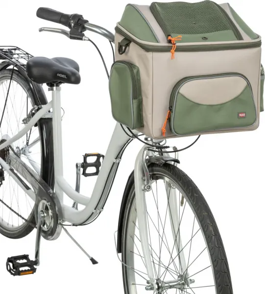 Hundefahrradkorb vorne mit Außentaschen und Schultergurt, beige/grün