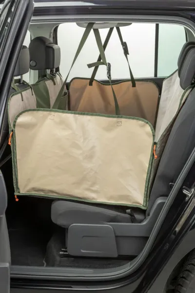 Preview: Wendbare Autoschondecke für Hunde mit Bodenplatte und Sichtfenster