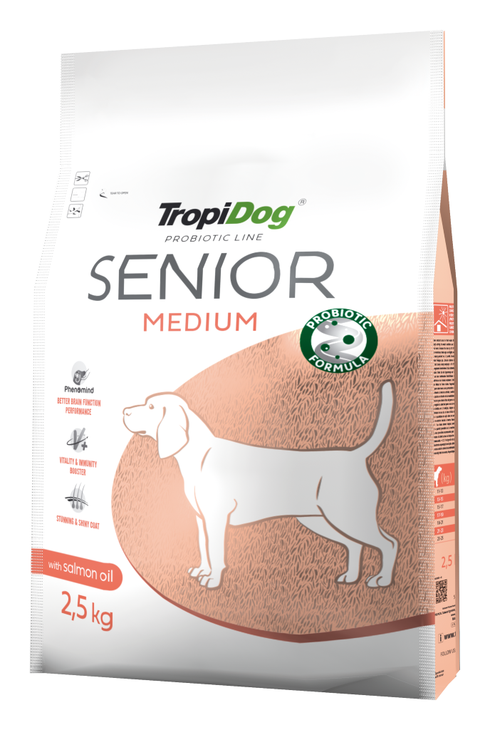 TropiDog Probiotic Line Senior für mittelgroße Rassen – reich an Truthahn, mit Lachsöl