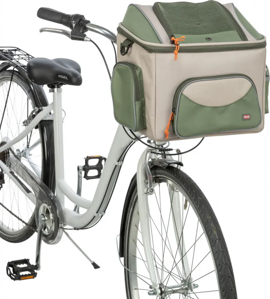 Hundefahrradkorb vorne mit Außentaschen und Schultergurt, beige/grün